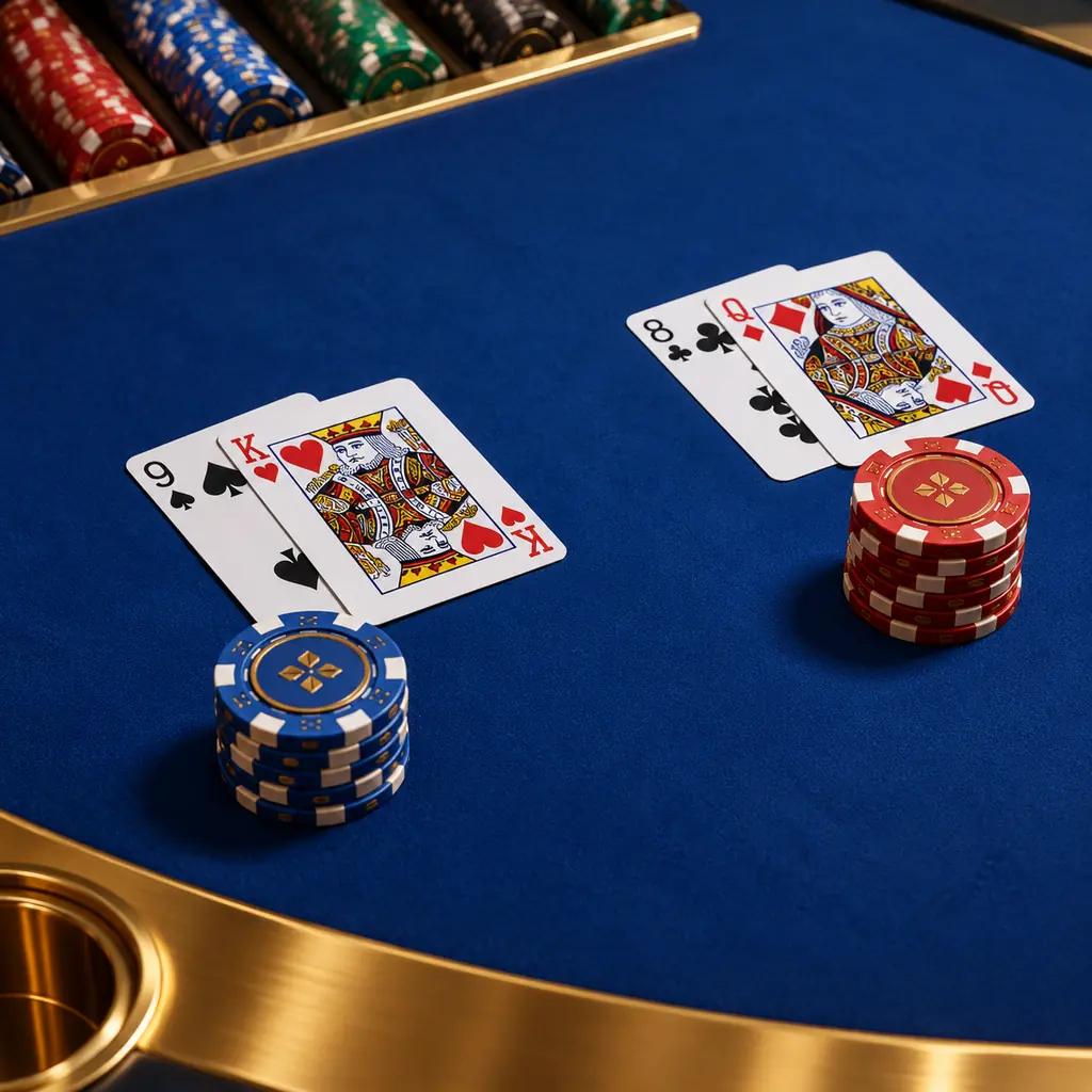Dua kelompok kartu di meja baccarat