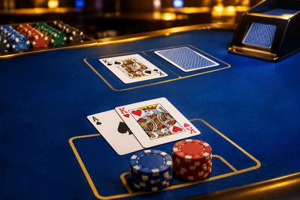 Kartu dan keping pada meja blackjack