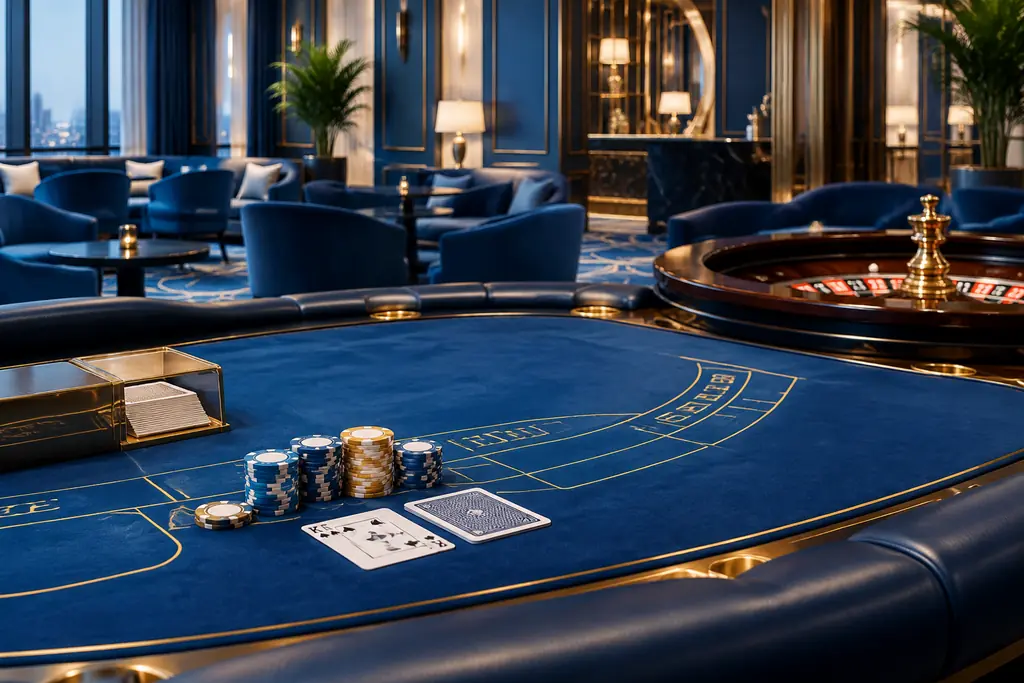 Ruang kasino dengan meja kartu dan area roulette
