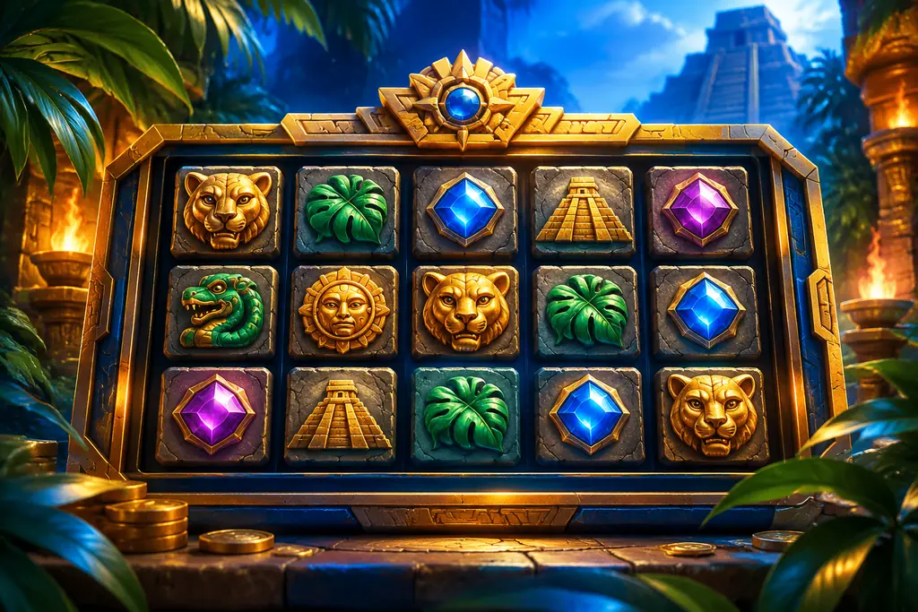Ilustrasi konsep slot dengan balok batu dan tema hutan