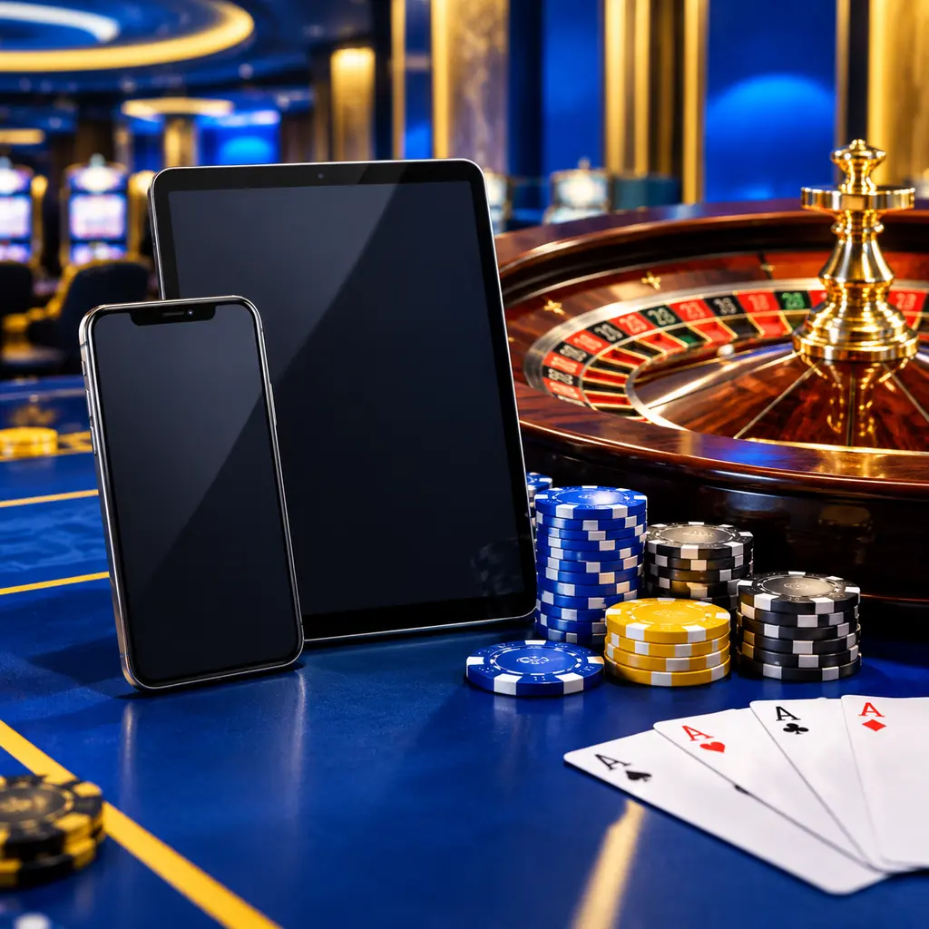 Tablet dan ponsel di dekat roda roulette