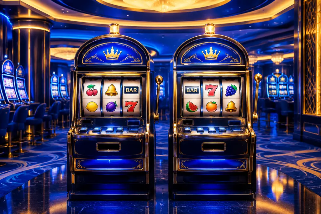 Mesin slot klasik pada ruang kasino biru